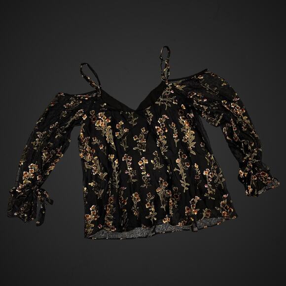 Love Sam Cold Shoulder Floral Top Blouse Size Small Black - Picture 1 of 6